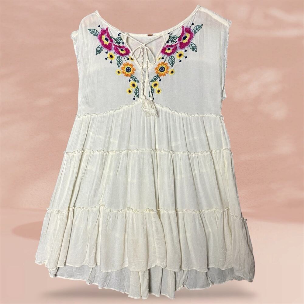 Free People Embroidered Boho Tunic Top Cream Floral Peasant Tiered Tassels